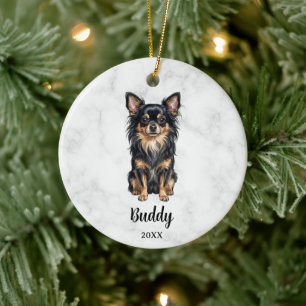 Långhårig svart tan Chihuahua Namn Hund Minnesmärk Julgransprydnad Keramik