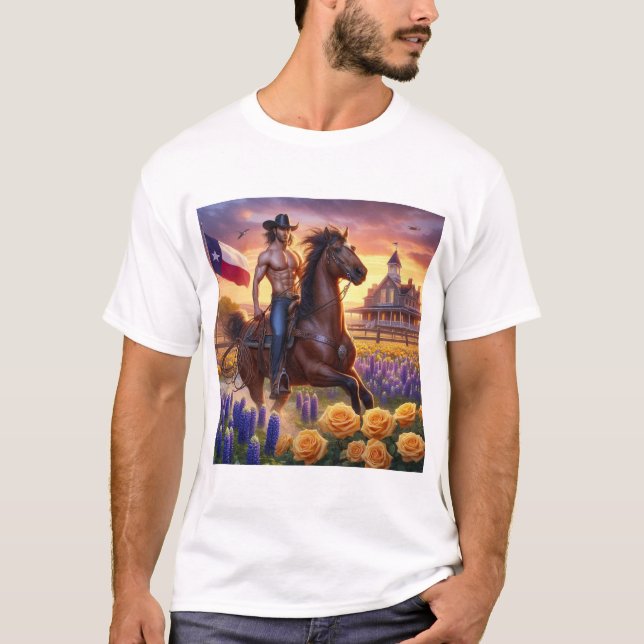 Långhårig Texas Cowboy T Shirt (Framsida)