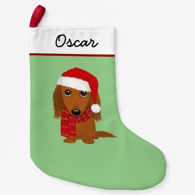 Långhåriga Hund Dachshund Santa Cute Wiener Liten Julstrumpa (Framsidan)