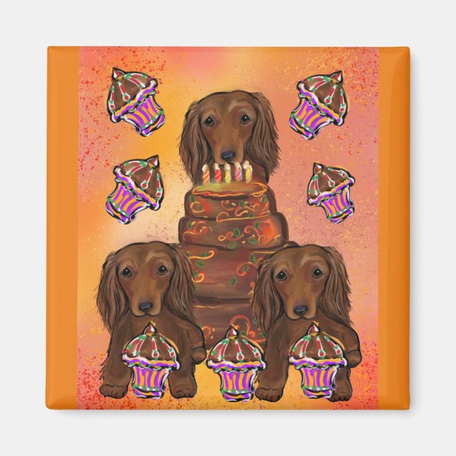 Långhåriga röda Dachshundar Magnet (Framsidan)