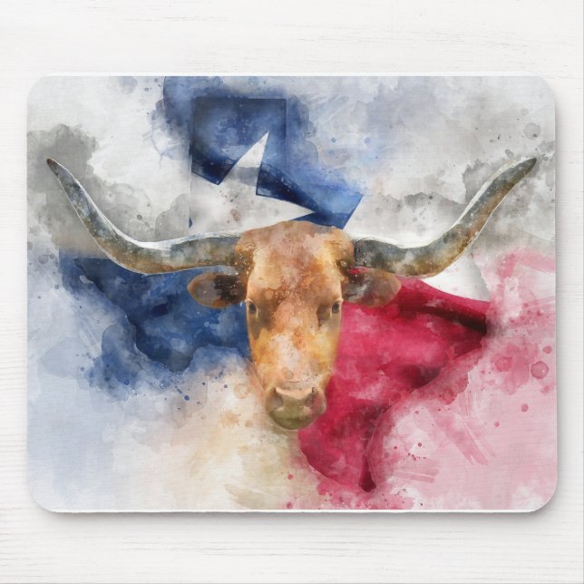 Länghorn ko med Texas Flagga Karta Watercolor Musmatta (Framsidan)