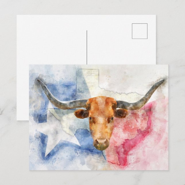 Långhornad ko med karta över Texas och Vattenfärg  Vykort (Fram/baksida)