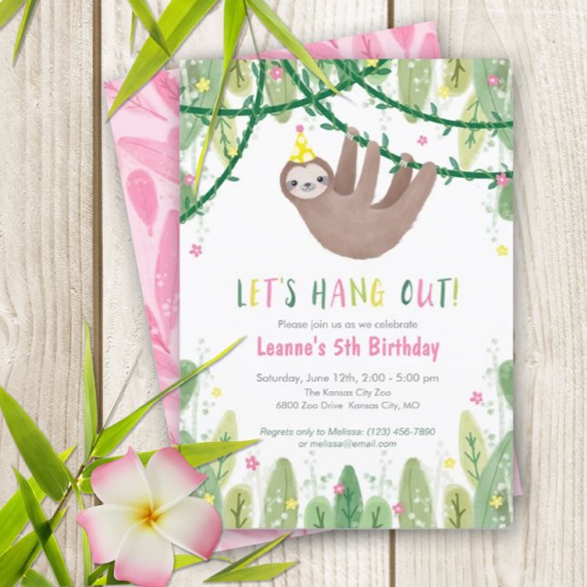 Långsam Födelsedagsfest inom Rosa och Gult Inbjudningar (Super fun sloth birthday invitation)