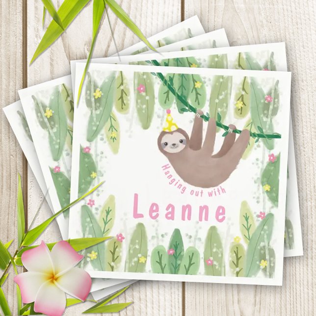 Långsam Födelsedagsfest inom Rosa och Gult Pappersservett (Super cute sloth theme napkins for your kiddo's birthday party!)