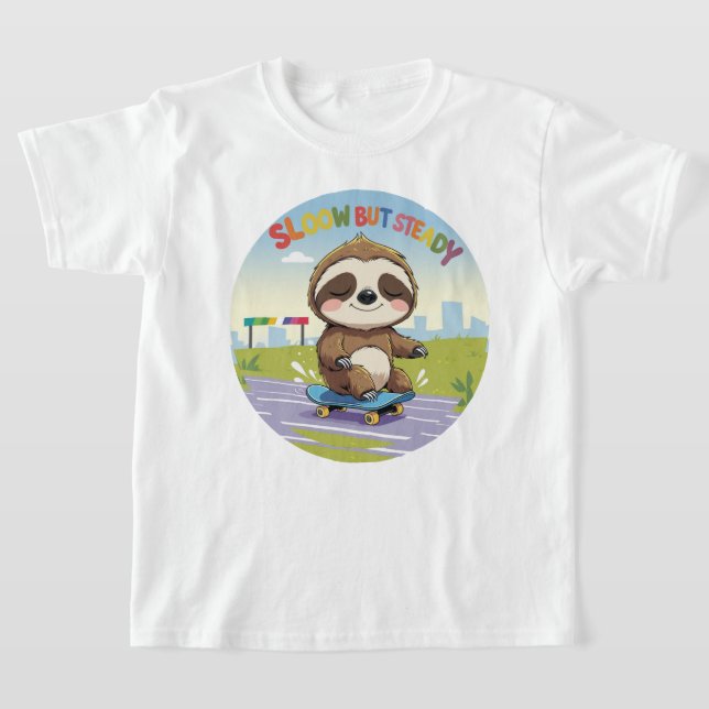 Långsam men stadig - Cute Sloth Skateboarding T Shirt (Laydown)