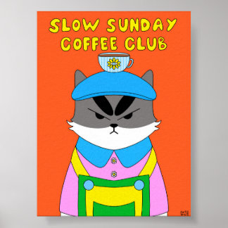 Långsam söndag kaffeklubb katt illustration poster