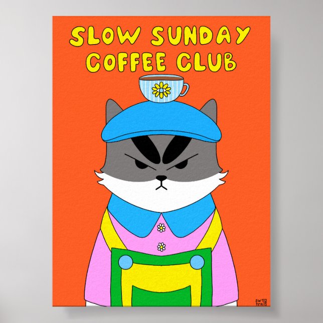 Långsam söndag kaffeklubb katt illustration poster (Framsidan)