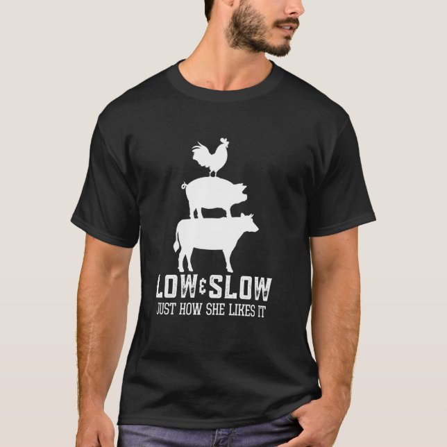Långsamt & Gott, Rökning av Kött, Rolig Grillning, T Shirt (Framsida)