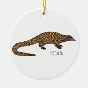 Långskalig illustration av tecknaden på pangolin julgransprydnad keramik