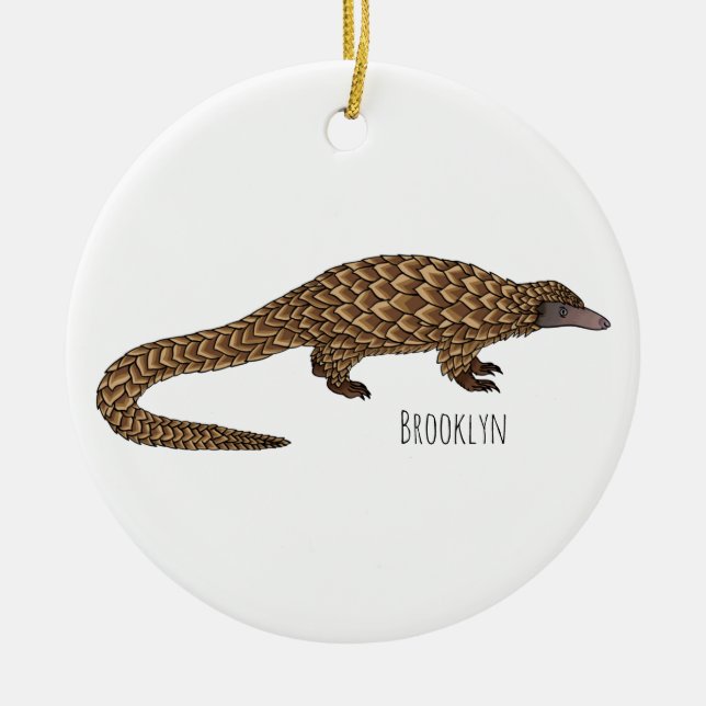 Långskalig illustration av tecknaden på pangolin julgransprydnad keramik (Framsidan)