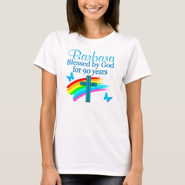 LÅNGT 90:E BIRTHDAY-PERSONLIG BLESSERAD AV GOD T SHIRT (Framsida)