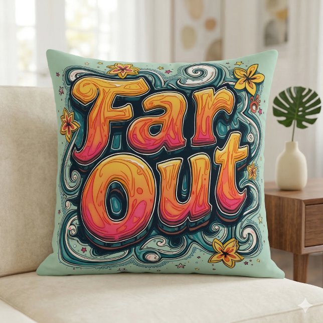 Långt borta Retro 70-tal Psykedelisk Groovy Hippie Kudde (Far Out Retro 70s Psychedelic Groovy Hippie Throw Pillow Mockup A)