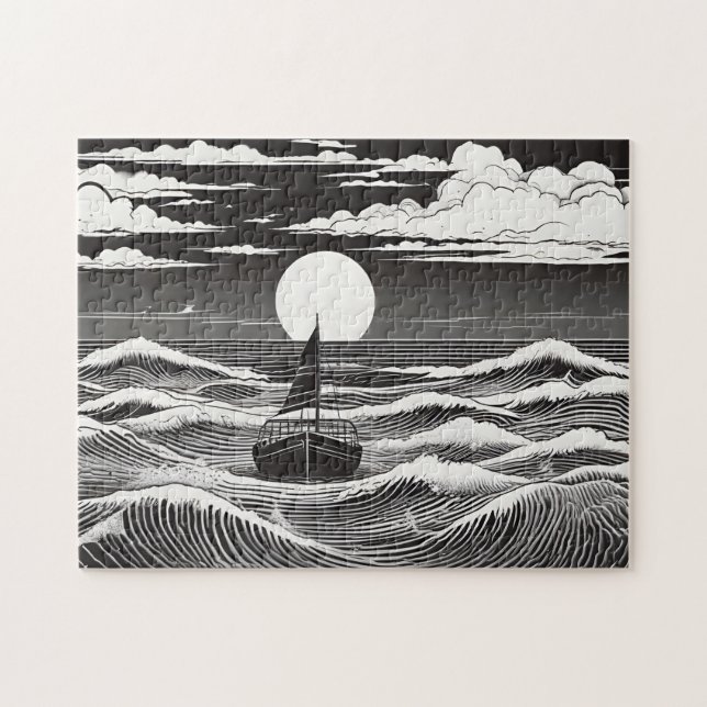 Långt segelbåt på natten i Stormy Sea Pussel (Horisontell)
