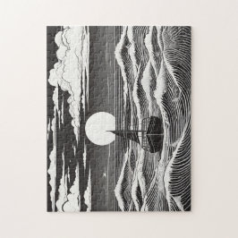 Långt segelbåt på natten i Stormy Sea Pussel