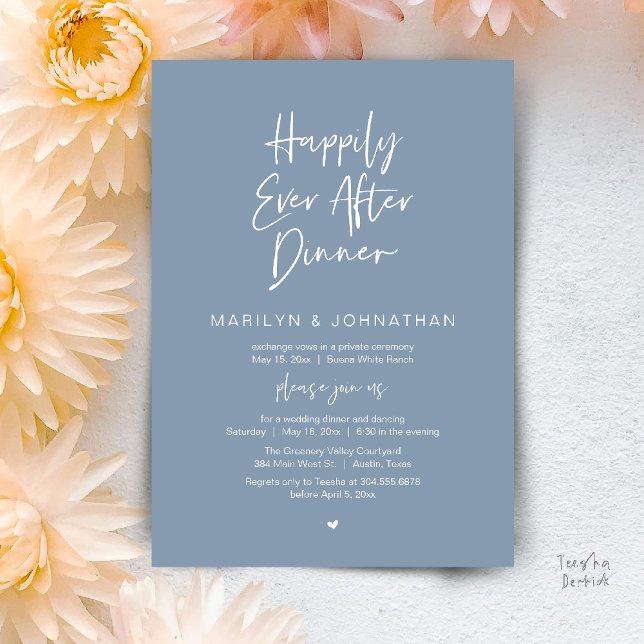 Längtande efter middagen Modern bröllopsfest Inbjudningar (Happily Ever After Dinner Modern Minimalist Wedding Reception Invitation Card in Dusty Blue)