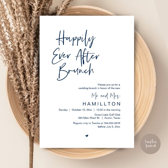 Längtans Brunch Efter Bröllopsnatten Inbjudningar (Happily Ever After Brunch The Morning After Invitation Card PDF Newlyweds in Navy Blue)