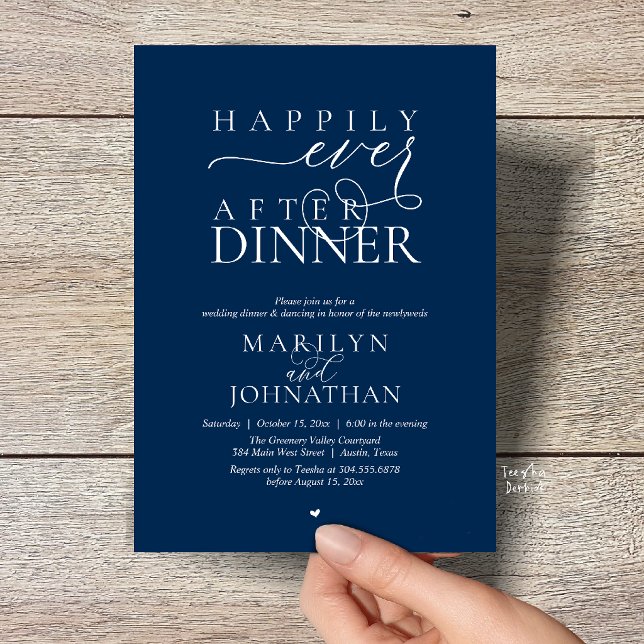 Längtans efter middagen - Modern bröllopsfest Inbjudningar (Happily Ever After Dinner Modern Wedding Reception Invitation card in Navy Blue)