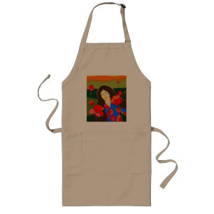 Långtrad kvinna som går i vallmo fält långt förkläde