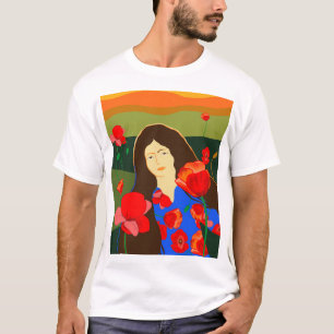 Långtradig kvinna som går i rödvallmo fält t shirt