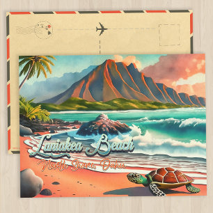 Laniakea Beach Oahu Hawaii Watercolor Volcano Vykort