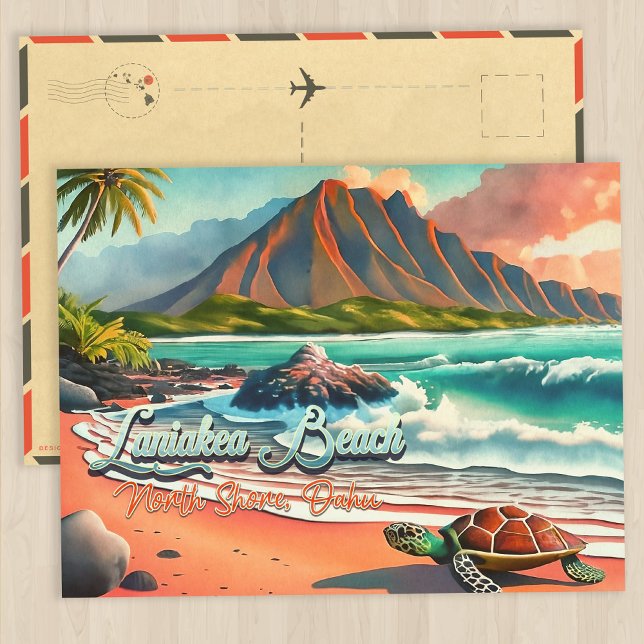 Laniakea Beach Oahu Hawaii Watercolor Volcano Vykort (Skapare uppladdad)