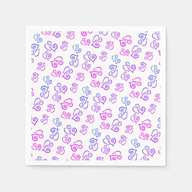 Länkad Rosa Lila Blå Hjärtmönster Över Vit Pappersservett (Framsidan)