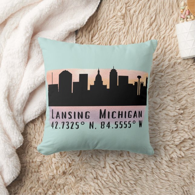 Lansing MI City Skyline Latitude och Longitud Kudde (Filt)
