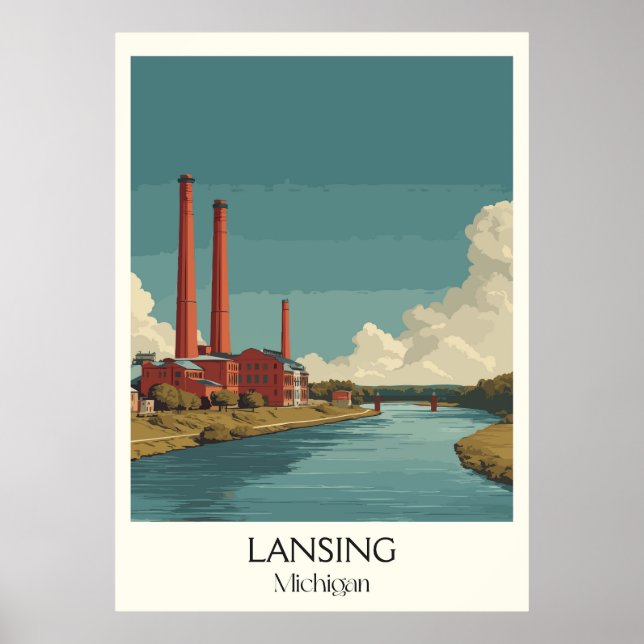Lansing Michigan Vintage Huvudstad River Art Poster (Framsidan)