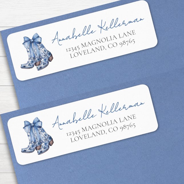 Lant Cowboy Stövlar Returadress Etikett (Country Blue Bow Cowboy Return Address label)