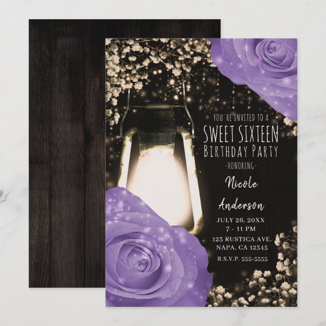 Lantärna Rustic Glow Lavendel Lila Rosor Sweet 16 Inbjudningar (Fram/baksida)