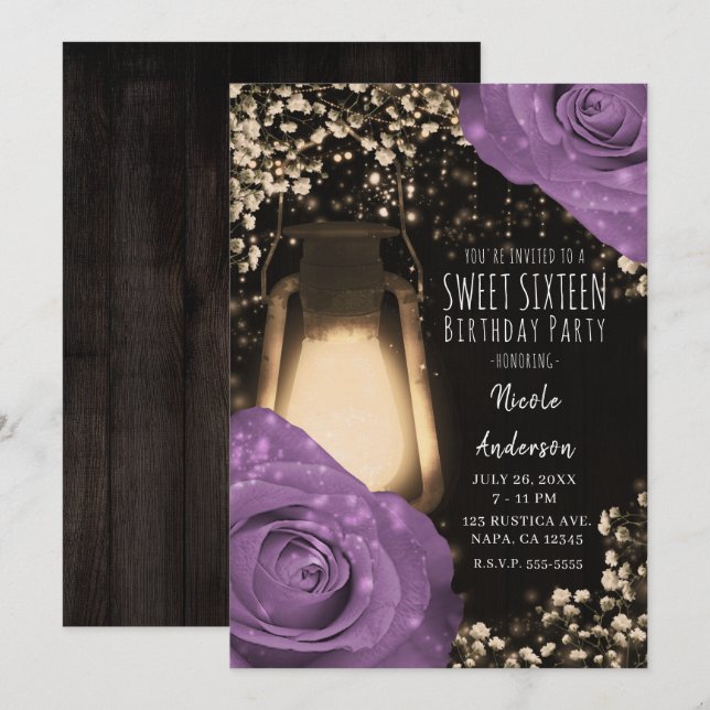 Lantärna Rustic Glow - Lila Lila Rosor Sweet 16 Inbjudningar (Fram/baksida)
