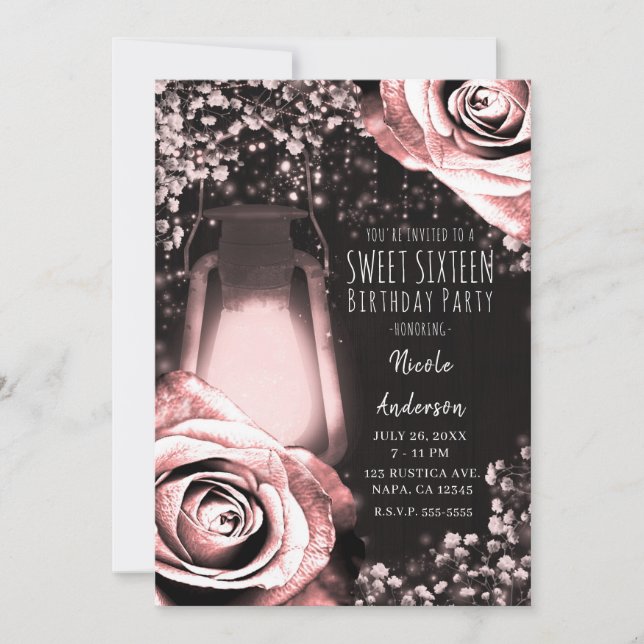Lantärna Rustic Glow med rosor i rosa Sweet 16 Inbjudningar (Framsida)