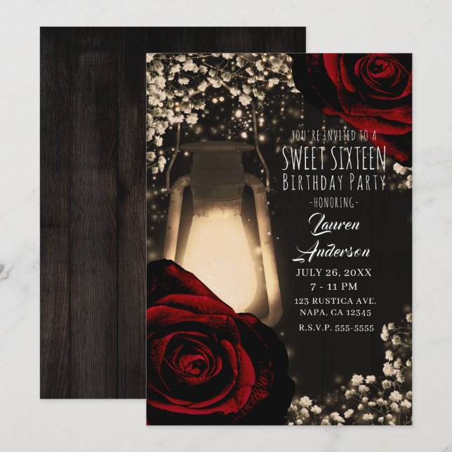 Lantärna Rustic Glow & Mörkröda Rosor Sweet 16 Inbjudningar (Fram/baksida)