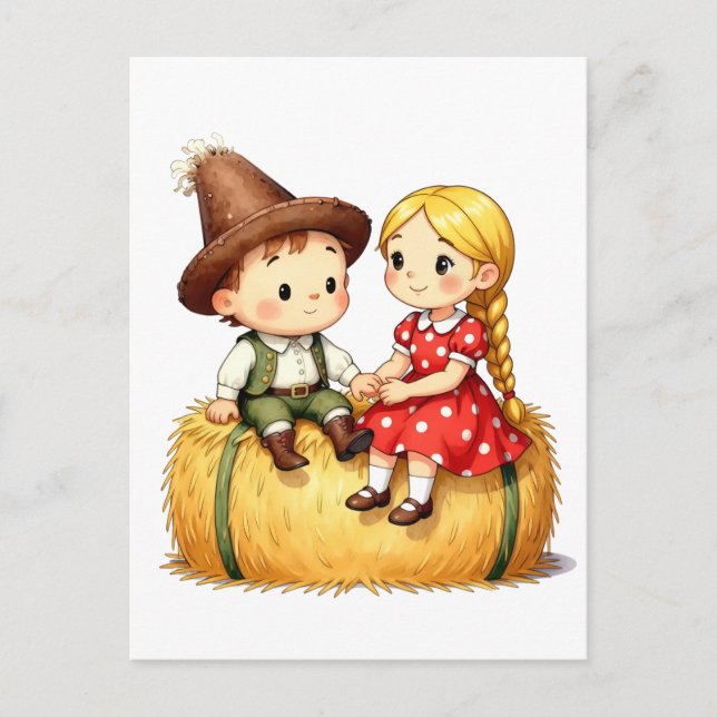 Lantbarn på en höbal, vykort (Framsida)