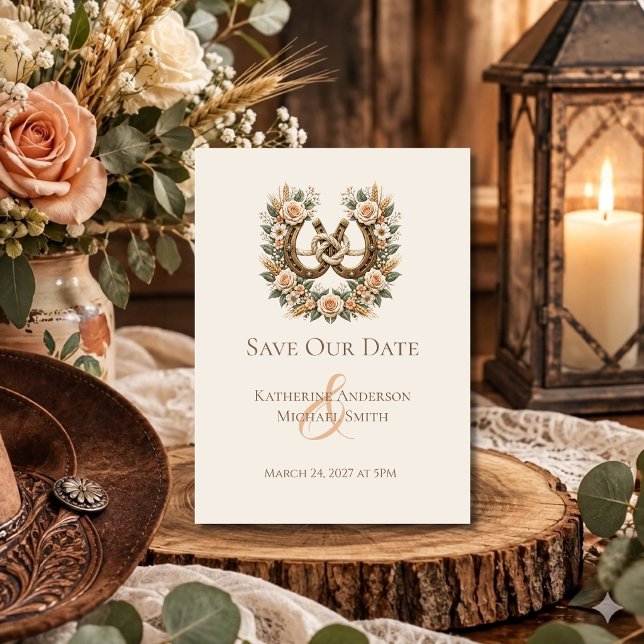 Lantbrukarbröllop - hästskor och blommor visitkort (Country Wedding-Horseshoes and Flowers Save the Date)