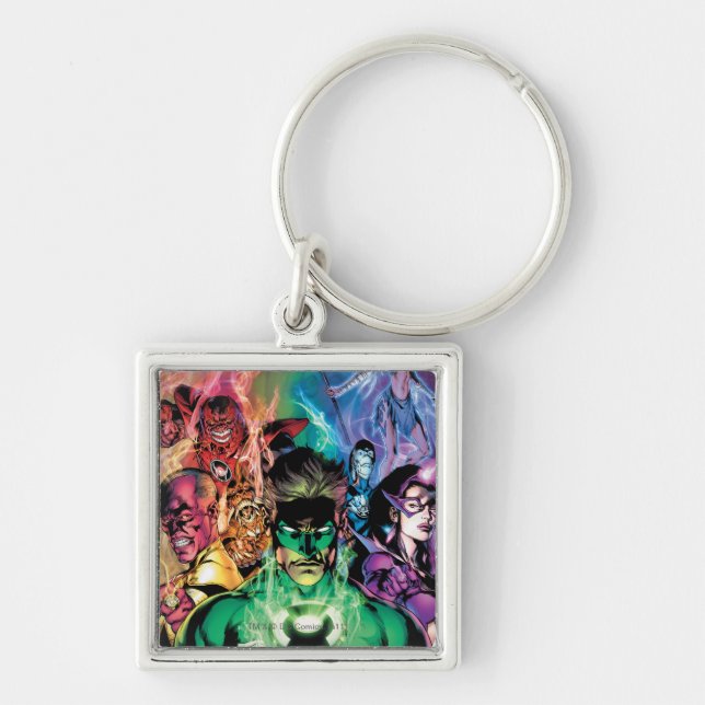 Lantern Corps Group med Färg Fyrkantig Silverfärgad Nyckelring (Framsidan)