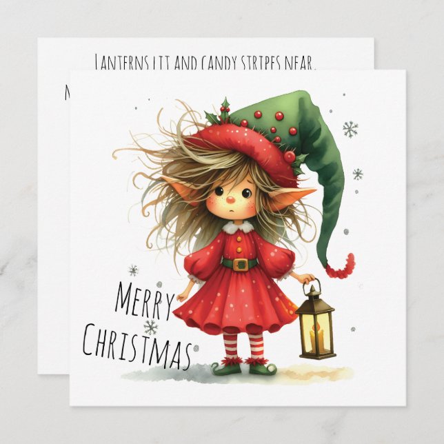 Lantern Elf – Whimsical Christmas Holiday Card (Fram/baksida)