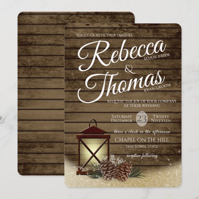 Lantern och Gräs Cones Rustic Winter Wedding Inbjudningar (Fram/baksida)