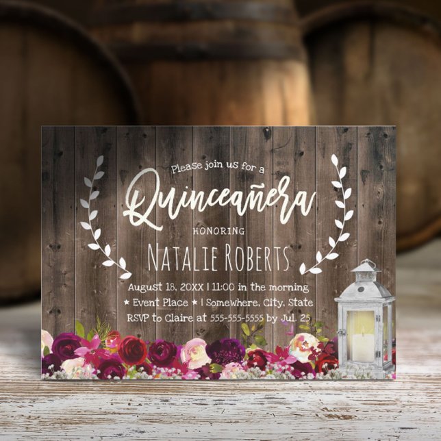 Lantern Rustic Burgundy Blommigt Quinceanera 15 Inbjudningar (Skapare uppladdad)