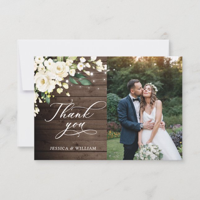 Lanternfoto för Blommigt av trä och Vit ros Tack Kort (Framsida)