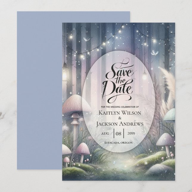 Lanternlight Dreams Enchanted Forest Bröllop Spara Datumet (Fram/baksida)