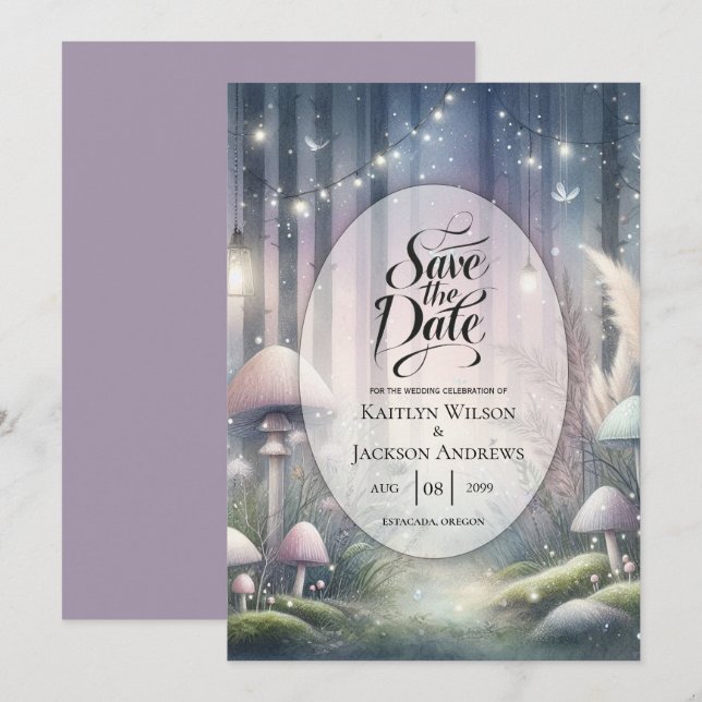 Lanternlight Dreams Enchanted Forest Bröllop Spara Datumet (Fram/baksida)