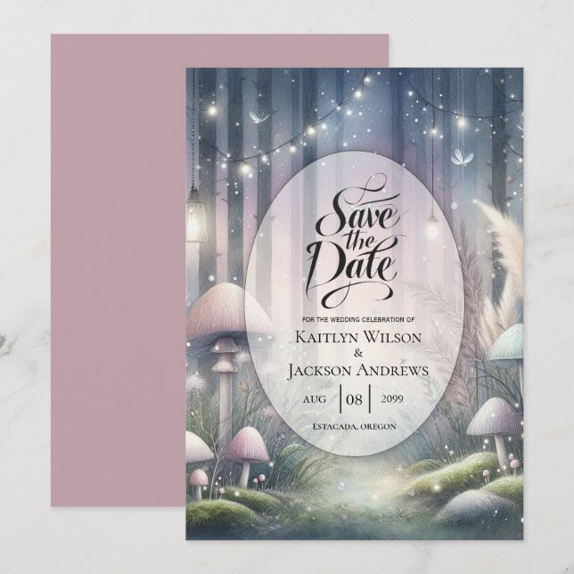 Lanternlight Dreams Enchanted Forest Bröllop Spara Datumet (Fram/baksida)
