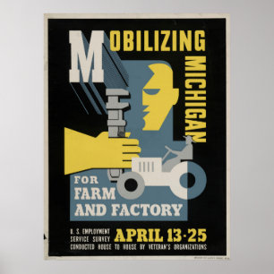 Lantgårdfabrik som mobiliserar Michigan 1943 WPA Poster