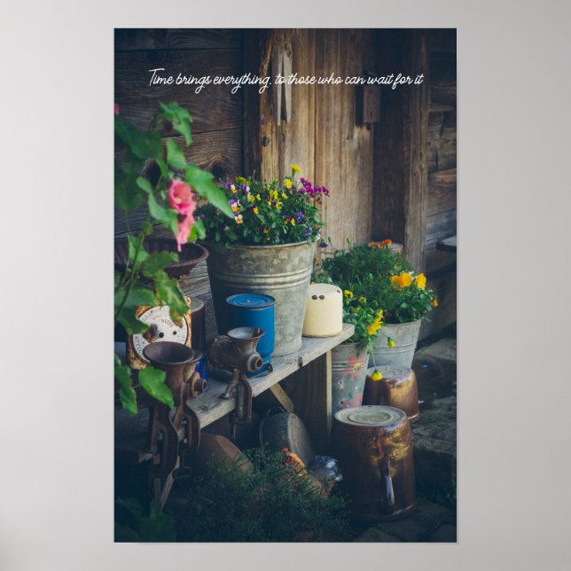 Lantgårdsveranda prydd med livfulla penséer poster (Framsidan)