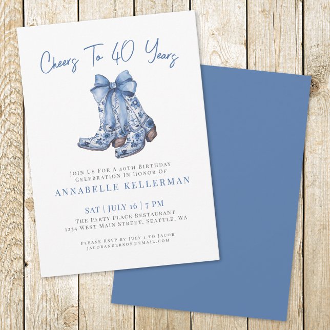 Lantlig 40-årsdag inbjudningar (Country Blue Bow Cowboy Birthday Invitation )