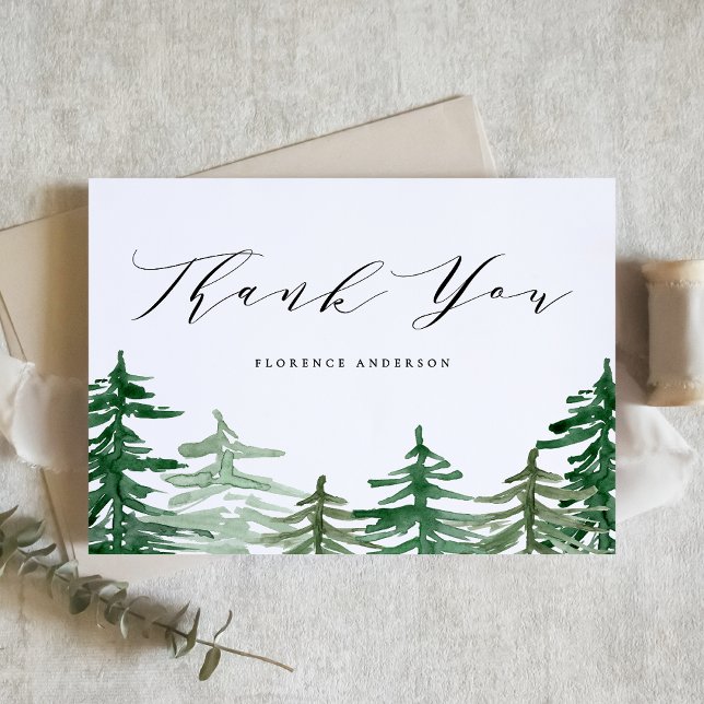 Lantlig akvarell skogs födelsedagsfirande tack kort (Customizable woodland thank you card featuring watercolor forest scenery. Perfect for woodland event)