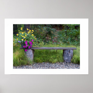 Lantlig bänk och blomkruka fotografi poster