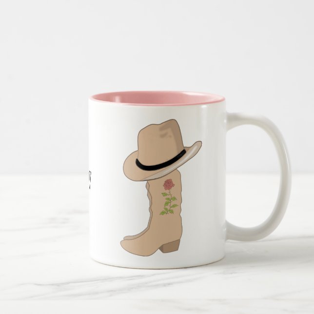 Lantlig beige hatt och stövlar med blomma Två-Tonad mugg (Höger)