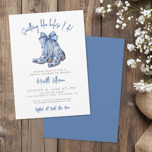 Lantlig Blå Band Cowboy Bröllopsdusch Inbjudningar (Country Blue Bow Cowboy Bridal Shower Invitation)